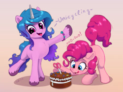 Size: 1280x961 | Tagged: safe, artist:xbi, izzy moonbow (mlp), pinkie pie (mlp), earth pony, equine, fictional species, mammal, pony, unicorn, feral, friendship is magic, hasbro, my little pony, my little pony g5, spoiler:my little pony g5, cake, duo, eyes on the prize, female, food, gradient background, mare, oooooh, pinkie being pinkie, scissors, smiling, tabun art-battle finished after, tongue, tongue out, uni-cycling
