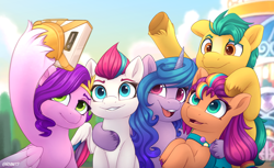 Size: 4000x2450 | Tagged: safe, artist:rivin177, hitch trailblazer (mlp), izzy moonbow (mlp), pipp petals (mlp), sunny starscout (mlp), zipp storm (mlp), earth pony, equine, fictional species, mammal, pegasus, pony, unicorn, feral, hasbro, my little pony, my little pony g5, my little pony: make your mark, spoiler:my little pony g5, 2022, bag, building, cloud, container, day, female, fluff, high res, holding, hoof fluff, hooves, hooves up, horn, house, hug, lighthouse, male, mane five (mlp g5), mare, maretime bay, phone, pins, raised hoof, selfie, spread wings, stallion, standing, wings