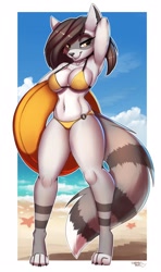 Size: 1500x2532 | Tagged: safe, artist:lightly-san, artist:lightly_san, mammal, procyonid, raccoon, anthro, art fight, 2022, big breasts, big tail, bikini, border, breasts, clothes, female, inner tube, solo, solo female, swimsuit, tail, thick thighs, thighs, white border