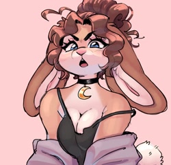 Size: 1707x1640 | Tagged: safe, artist:shambletime, lagomorph, mammal, rabbit, anthro, 2022, angry, black clothing, blue eyes, breast squish, breasts, brown hair, buckteeth, bust, choker, collar, cream body, cream fur, digital art, ear fluff, ears, ears down, eyelashes, female, fluff, front view, fur, hair, long ears, looking at you, off shoulder, open mouth, pink nose, simple background, solo, solo female, tail, tail fluff, teeth