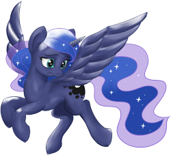 Size: 1280x1162 | Tagged: safe, artist:starsongdusk, princess luna (mlp), alicorn, equine, fictional species, mammal, pony, feral, friendship is magic, hasbro, my little pony, 2022, ethereal mane, ethereal tail, feathered wings, feathers, female, horn, simple background, solo, solo female, tail, transparent background, wings