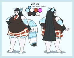 Size: 2300x1800 | Tagged: safe, artist:chocend, oc, oc only, oc:kim xu, mammal, red panda, anthro, 2019, big belly, big tail, black hair, blue fur, bottomwear, breasts, clothes, commission, cyan fur, ear fluff, english text, fat, fat fetish, female, fluff, fur, glasses, hair, long hair, looking at you, looking back, looking back at you, necktie, obese, overweight, reference sheet, shadow, skirt, smiling, smiling at you, solo, solo female, striped tail, stripes, tail, text, thigh high socks, topwear