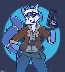 Size: 2465x2730 | Tagged: safe, artist:stratica_art, krystal (star fox), canine, fox, mammal, anthro, half-life, nintendo, star fox, valve, 2022, alyx vance (half-life), blue eyes, bottomwear, clothes, cosplay, eyebrows, female, fingerless gloves, gloves, gun, hand on hip, handgun, jacket, jewelry, looking at you, necklace, open mouth, pants, solo, solo female, tail, tail band, topwear, vixen, weapon