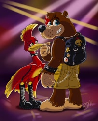 Size: 1138x1400 | Tagged: safe, artist:banana_meteor, banjo (banjo-kazooie), kazooie (banjo-kazooie), bear, bird, breegull, fictional species, mammal, red crested breegull, banjo-kazooie, rareware, backpack, boots, bottomwear, clothes, collar, female, goth, male, shoes, shorts, spiked collar