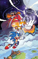 Size: 498x771 | Tagged: safe, artist:jonathan h. gray, artist:matt herms, official art, doctor eggman (sonic), miles "tails" prower (sonic), sonic the hedgehog (sonic), canine, fox, hedgehog, human, mammal, red fox, anthro, idw sonic the hedgehog, sega, sonic the hedgehog (series), blue eyes, clothes, cover art, death egg (sonic), flying, gloves, green eyes, group, holding head, male, males only, moon, multiple tails, smiling, sneakers, tail, trio, trio male, two tails, white gloves