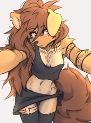 Size: 1776x2383 | Tagged: safe, artist:tinygaypirate, oc, oc:apogee (tinygaypirate), canine, dog, mammal, anthro, body markings, bottomwear, brown body, brown eyes, brown fur, brown hair, clothes, crop top, ear piercing, female, fur, hair, hug, legwear, looking at you, multicolored fur, off shoulder, offscreen character, piercing, pov, shirt, simple background, skirt, solo, solo female, thigh highs, topwear, two toned body, two toned fur, white background