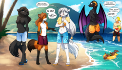 Size: 2240x1280 | Tagged: safe, artist:twokinds, keiren (twokinds), laura (twokinds), maren taverndatter (twokinds), mrs. nibbly (twokinds), raine (twokinds), reni (twokinds), dragon, fictional species, human, keidran, mammal, rodent, squirrel, anthro, unguligrade anthro, twokinds, ball, beach, beach ball, breasts, clothes, featureless breasts, hooves, inner tube, male swimwear challenge, shirt, species swap, swimming trunks, topwear
