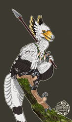 Size: 753x1280 | Tagged: safe, artist:theroyalfowl, oc, oc only, dinosaur, raptor, theropod, feral, solo, spear, weapon