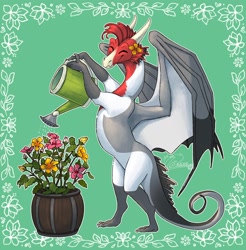 Size: 2018x2048 | Tagged: safe, artist:zagiir, oc, oc only, dragon, fictional species, feral, bipdeal, eyes closed, flower, flower in hair, hair, hair accessory, happy, plant, smiling, solo, spread wings, watering can, wings