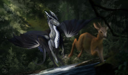 Size: 1280x755 | Tagged: safe, artist:kruvis, oc, oc only, cervid, dragon, fictional species, mammal, feral, chasing, forest, hunt, hunting, running, spread wings, wings