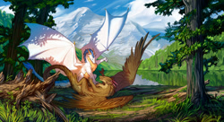 Size: 1280x694 | Tagged: safe, artist:zhurzh, oc, oc only, dragon, fictional species, feral, fighting, forest, happy, mountain, play fight, scenery, smiling, spread wings, wings