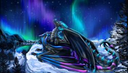 Size: 3000x1714 | Tagged: safe, artist:leokatana, dragon, fictional species, feral, aurora borealis, couple, duo, forest, happy, intertwined tails, lake, night, scenery, smiling, snow, stars, tail, water