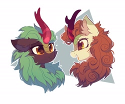 Size: 2400x2000 | Tagged: safe, artist:mirtash, autumn blaze (mlp), cinder glow (mlp), equine, fictional species, kirin, mammal, feral, friendship is magic, hasbro, my little pony, 2022, 2d, abstract background, brown body, brown fur, bust, cream body, cream fur, duo, duo female, ear fluff, female, females only, floppy ears, fluff, fur, hair, heart, high res, horn, looking at each other, looking at someone, mane, mare, open mouth, portrait, profile, scales, side view, simple background, smiling, white background