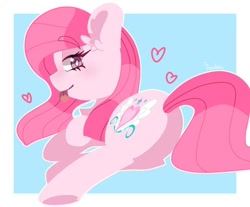 Size: 480x398 | Tagged: suggestive, artist:kojarmax, oc, oc only, oc:annisa trihapsari, earth pony, equine, fictional species, mammal, pony, feral, friendship is magic, hasbro, my little pony, adorasexy, annibutt, blep, blue background, blushing, butt, cute, female, hair, heart, ibis paint, long hair, long tail, looking at you, looking back, looking back at you, mane, needs more jpeg, pink body, pink eyes, pink hair, pink mane, rear view, sexy, simple background, smiling, smiling at you, solo, solo female, tail, tongue, tongue out
