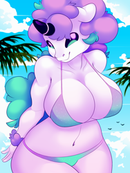 Size: 1500x2000 | Tagged: safe, artist:amberpendant, fictional species, galarian ponyta, ponyta, anthro, nintendo, pokémon, 2019, arm behind back, belly button, big breasts, bikini, black sclera, breasts, clothes, cloud, colored sclera, detailed background, digital art, ears, eyelashes, female, fur, hair, horn, looking at you, palm tree, plant, pose, sky, smiling, smiling at you, solo, solo female, swimsuit, tail, thighs, tree, wide hips