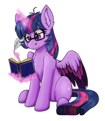 Size: 1688x1944 | Tagged: safe, artist:rokosmith26, twilight sparkle (mlp), alicorn, equine, fictional species, mammal, pony, feral, friendship is magic, hasbro, my little pony, 2022, book, colored wingtips, cute, cute little fangs, eyelashes, fangs, feathered wings, feathers, female, glasses, glowing, glowing horn, hair, horn, magic, mare, multicolored hair, multicolored mane, multicolored tail, princess, purple body, purple eyes, quill, reading, sharp teeth, simple background, solo, solo female, spread wings, tail, teeth, telekinesis, transparent background, wings