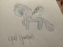 Size: 1280x960 | Tagged: safe, artist:caniri4thewin, opal (jewelpet), alicorn, equine, fictional species, mammal, pony, jewelpet (sanrio), sanrio, ears, female, irl, mare, photo, photographed artwork, solo, solo female, tail, traditional art, wings
