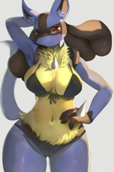 Size: 2000x3000 | Tagged: safe, artist:hopping_zc, fictional species, lucario, mammal, anthro, nintendo, pokémon, 2022, absolute cleavage, big breasts, bikini, breasts, cleavage, clothes, ears, female, looking at you, solo, solo female, swimsuit, tail, thick thighs, thighs