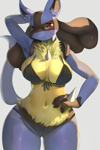 Size: 2000x3000 | Tagged: safe, artist:hopping_zc, fictional species, lucario, mammal, anthro, nintendo, pokémon, 2022, big breasts, bikini, breasts, clothes, ears, female, looking at you, solo, solo female, swimsuit, tail, thick thighs, thighs