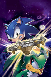 Size: 689x1048 | Tagged: safe, artist:matt herms, artist:tracy yardley, official art, jet the hawk (sonic), sonic the hedgehog (sonic), bird, bird of prey, hawk, hedgehog, mammal, archie sonic the hedgehog, sega, sonic the hedgehog (series), 2012, blue eyes, cover art, duo, duo male, green eyes, male, males only, moon, space, stars