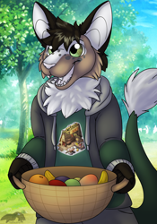 Size: 1400x2000 | Tagged: safe, artist:thatblackfox, cat, dragon, feline, fictional species, mammal, clothes, food, forest, fruit, hoodie, topwear