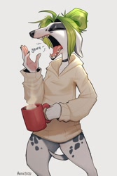 Size: 1000x1500 | Tagged: safe, artist:zazush-una, canine, dalmatian, dog, mammal, anthro, 2022, bottomless, clothes, coffee mug, digital art, ears, eyes closed, female, fur, green hair, hair, hoodie, nudity, open mouth, partial nudity, simple background, solo, solo female, spotted fur, tail, teeth, tongue, topwear, white background, yawning