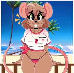 Size: 3070x3020 | Tagged: safe, artist:wirelessshiba, mammal, mouse, rodent, beach, big breasts, bikini, breasts, clothes, glasses, lifeguard, round glasses, shirt, swimsuit, tail, thick thighs, thighs, topwear, wide hips