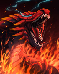 Size: 1024x1280 | Tagged: safe, artist:wia, oc, oc only, dragon, fictional species, feral, black body, blue eyes, fire, open mouth, saliva, solo