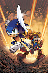 Size: 692x1050 | Tagged: safe, artist:matt herms, artist:terry austin, official art, antoine d'coolette (sonic), sonic the hedgehog (sonic), canine, coyote, hedgehog, mammal, archie sonic the hedgehog, sega, sonic the hedgehog (series), 2012, boots, cheek fluff, clothes, cover art, fist, fluff, male, shoes, sneakers, sword, weapon