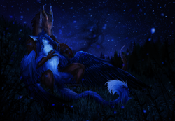 Size: 1700x1174 | Tagged: safe, artist:leilryu, oc, oc only, black body, blue body, cuddling, dragons, feathered wings, feathers, hug, night, night sky, sky, smiling, spread wings, wings