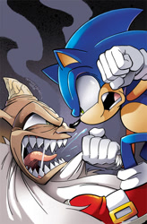 Size: 525x800 | Tagged: safe, artist:jamal peppers, artist:matt herms, artist:terry austin, official art, ixis naugus (sonic), sonic the hedgehog (sonic), hedgehog, mammal, archie sonic the hedgehog, sega, sonic the hedgehog (series), 2011, angry, beard, blue body, blue fur, cover art, duo, duo male, facial hair, fist, fur, green eyes, horn, looking at each other, male, males only, sharp teeth, sneakers, teeth