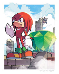Size: 400x500 | Tagged: safe, artist:matt herms, artist:tracy yardley, knuckles the echidna (sonic), rouge the bat (sonic), bat, echidna, mammal, monotreme, sega, sonic the hedgehog (series), 2018, clothes, cloud, commission, female, gloves, hair, low res, male, master emerald, purple eyes, red hair, shoes, sky