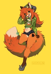 Size: 1384x1992 | Tagged: safe, artist:waspsalad, canine, fox, mammal, anthro, 2022, adorasexy, beanie, belly button, bottomwear, brown nose, chest fluff, clothes, crop top, cropped hoodie, cute, cute little fangs, digital art, ears, fangs, female, fluff, fur, gloves (arm marking), green eyes, hair, hat, headwear, hoodie, legs, looking at you, midriff, orange body, orange fur, orange hair, pale belly, sexy, short shorts, shorts, simple background, socks (leg marking), solo, solo female, tail, tail fluff, teeth, thick thighs, thighs, topwear, wide hips, yellow background