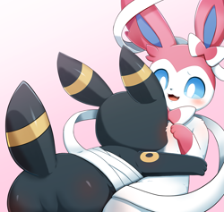 Size: 1905x1805 | Tagged: safe, artist:sum, eeveelution, fictional species, mammal, sylveon, umbreon, feral, nintendo, pokémon, 2022, black nose, blue sclera, blushing, butt, butt blush, colored sclera, digital art, duo, ears, female, fur, male, male/female, paws, rear view, ribbons (body part), simple background, smothering, tail