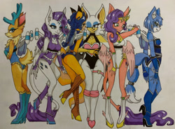 Size: 900x664 | Tagged: safe, artist:cynderprime, carmelita fox (sly cooper), krystal (star fox), pipp petals (mlp), rarity (mlp), rouge the bat (sonic), velvet reindeer (tfh), alicorn, bat, canine, cervid, deer, equine, fictional species, fox, mammal, pony, reindeer, anthro, feral, friendship is magic, hasbro, my little pony, my little pony g5, nintendo, sega, sly cooper (series), sonic the hedgehog (series), star fox, them's fightin' herds, spoiler:my little pony g5, 2022, anthrofied, breasts, clothes, female, females only, group, jetpack, leotard, race swap, thong leotard, traditional art