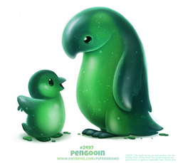 Size: 650x595 | Tagged: safe, artist:cryptid-creations, bird, fictional species, goo creature, penguin, feral, 2d, ambiguous gender, ambiguous only, chick, duo, duo ambiguous, goo, looking at each other, parent and child, pun, simple background, visual pun, white background, young