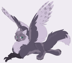 Size: 3680x3220 | Tagged: safe, artist:crimmharmony, oc, oc:luna the enfield, bird, canine, enfield, fictional species, fox, mammal, feral, claws, ear piercing, earring, female, green eyes, lying down, piercing, simple background, smiling, solo, solo female, spread wings, talons, white background, wings