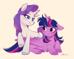 Size: 3339x2690 | Tagged: safe, artist:imalou, rarity (mlp), twilight sparkle (mlp), alicorn, equine, fictional species, mammal, pony, unicorn, feral, friendship is magic, hasbro, my little pony, 2022, blushing, cute, cutie mark, duo, duo female, eye contact, eyelashes, feathered wings, feathers, female, female/female, females only, folded wings, hair, high res, hooves, horn, looking at each other, mane, mare, one ear down, one eye closed, rarilight (mlp), shipping, signature, smiling, tail, wings