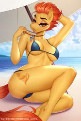 Size: 800x1200 | Tagged: suggestive, artist:turtlessoul, spitfire (mlp), equine, fictional species, mammal, pegasus, pony, anthro, unguligrade anthro, friendship is magic, hasbro, my little pony, 2022, beach, beach umbrella, bedroom eyes, bikini, breasts, butt, cameltoe, clothes, cloud, digital art, ears, eyelashes, female, fur, hair, hooves, looking at you, ocean, pose, sand, sky, solo, solo female, swimsuit, tail, thighs, umbrella, underass, water, wide hips