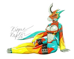 Size: 1280x1024 | Tagged: suggestive, artist:risqueraptor, fictional species, flamedramon, anthro, digitigrade anthro, digimon, 2017, belly button, black sclera, breasts, cameltoe, claws, clothes, colored sclera, digital art, ears, eyelashes, female, gloves, legwear, nipple slip, panties, scales, simple background, sitting, solo, solo female, stockings, tail, tank top, thighs, topwear, underwear, wardrobe malfunction, white background, wide hips