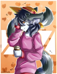 Size: 1800x2333 | Tagged: safe, artist:yuris, big cat, feline, mammal, snow leopard, anthro, clothes, coffee, drink, hat, headwear, pink clothing, solo