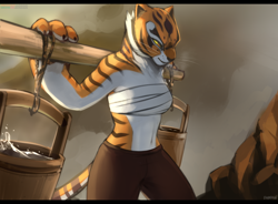 Size: 3508x2580 | Tagged: safe, alternate version, artist:bahnbahn, part of a set, master tigress (kung fu panda), big cat, feline, mammal, tiger, anthro, dreamworks animation, kung fu panda, 2022, bandage, bedroom eyes, bottomwear, breasts, bucket, cheek fluff, clothes, detailed background, digital art, ears, eyelashes, female, fluff, fur, gritted teeth, lifting, pants, solo, solo female, striped body, striped fur, tail, tank top, teeth, thighs, topwear, water, wide hips, workout