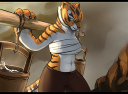 Size: 3508x2580 | Tagged: safe, alternate version, artist:bahnbahn, part of a set, master tigress (kung fu panda), big cat, feline, mammal, tiger, anthro, dreamworks animation, kung fu panda, 2022, after birth, bandaid, bedroom eyes, bottomwear, breasts, bucket, cheek fluff, clothes, detailed background, digital art, ears, eyelashes, female, fluff, fur, gritted teeth, lifting, pants, slightly chubby, solo, solo female, striped body, striped fur, tail, tank top, teeth, thighs, topwear, water, wide hips, workout