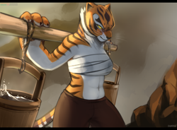 Size: 3508x2580 | Tagged: suggestive, alternate version, artist:bahnbahn, part of a set, master tigress (kung fu panda), big cat, feline, mammal, tiger, anthro, dreamworks animation, kung fu panda, 2022, after birth, bandage, bedroom eyes, bottomwear, breast milk, breasts, bucket, cheek fluff, clothes, detailed background, digital art, ears, eyelashes, female, fluff, fur, gritted teeth, lactation through clothing, lifting, pants, slightly chubby, solo, solo female, striped body, striped fur, tail, tank top, teeth, thighs, topwear, water, wide hips, workout