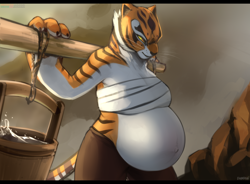 Size: 3508x2580 | Tagged: safe, alternate version, artist:bahnbahn, part of a set, master tigress (kung fu panda), big cat, feline, mammal, tiger, anthro, dreamworks animation, kung fu panda, 2022, bandage, bedroom eyes, bottomwear, breasts, bucket, cheek fluff, clothes, detailed background, digital art, ears, eyelashes, female, fluff, fur, gritted teeth, lifting, outie belly button, pants, pregnant, rapid pregnancy, solo, solo female, striped body, striped fur, tail, tank top, teeth, thighs, topwear, water, wide hips, workout