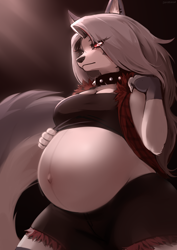 Size: 2480x3508 | Tagged: safe, artist:bahnbahn, part of a set, loona (vivzmind), canine, fictional species, hellhound, mammal, anthro, hazbin hotel, helluva boss, 2021, bedroom eyes, black nose, bottomwear, breasts, clothes, collar, colored sclera, digital art, ears, eyelashes, female, fingerless gloves, fur, gloves, gray hair, hair, looking at you, outie belly button, pregnant, red sclera, shirt, shorts, solo, solo female, spiked collar, tail, thighs, topwear, unamused, wide hips
