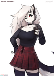 Size: 2480x3508 | Tagged: safe, alternate version, artist:bahnbahn, part of a set, loona (vivzmind), canine, fictional species, hellhound, mammal, anthro, hazbin hotel, helluva boss, 2022, bedroom eyes, black nose, bottomwear, breasts, cell phone, clothes, collar, colored sclera, digital art, ears, eyelashes, female, fingerless gloves, fur, gloves, gray hair, hair, looking at you, one eye closed, phone, red sclera, shirt, shorts, simple background, skirt, smartphone, solo, solo female, spiked collar, tail, thighs, topwear, unamused, white background, wide hips