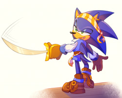 Size: 2048x1648 | Tagged: safe, artist:zombieepartyart, sonic the hedgehog (sonic), hedgehog, mammal, anthro, sega, sonic the hedgehog (series), 2021, blue body, blue fur, boots, clothes, fur, gloves, green eyes, male, pirate, quills, shoes, simple background, solo, solo male, sword, weapon, white background