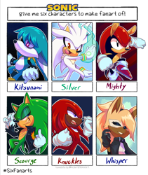 Size: 1728x2048 | Tagged: safe, artist:zombieepartyart, kit the fennec (sonic), knuckles the echidna (sonic), mighty the armadillo (sonic), scourge the hedgehog (sonic), silver the hedgehog (sonic), whisper the wolf (sonic), armadillo, canine, fennec fox, fox, hedgehog, mammal, wolf, anthro, six fanarts, archie sonic the hedgehog, idw sonic the hedgehog, sega, sonic the hedgehog (series), 2022, chest fluff, clothes, crossover, female, fingers, fluff, gloves, jacket, leather jacket, male, middle finger, sharp teeth, shoes, teeth, topwear, vulgar