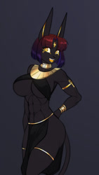 Size: 1018x1800 | Tagged: safe, artist:scorpdk, anubis, canine, jackal, mammal, ankh, big breasts, bracer, breasts, choker, female, garter, looking at you, midriff, muscles, muscular female, open mouth, side slit, smiling, smiling at you, solo, solo female, toned, underboob
